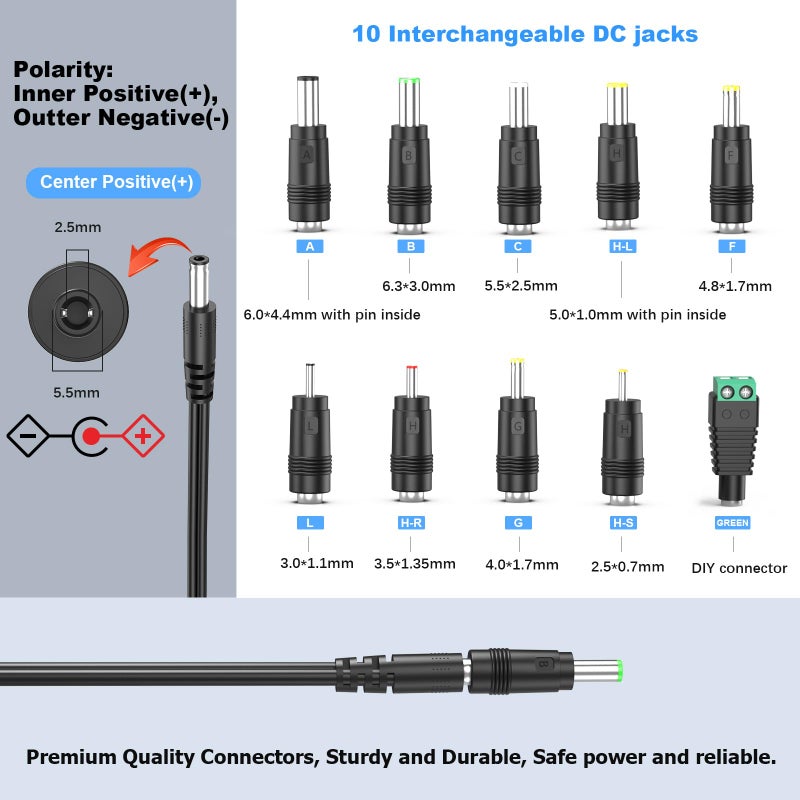 PERFEIDY UL Listed 12V 1A 0.8A 0.5A Power Supply 12W Charger AC Adapter 12.0V 1000mA 800mA 600mA 500mA 300mA Regulated 12 Volt DC Switching Power Cord Plug with 10 Interchangeable Jacks PERFEIDY - Image 2